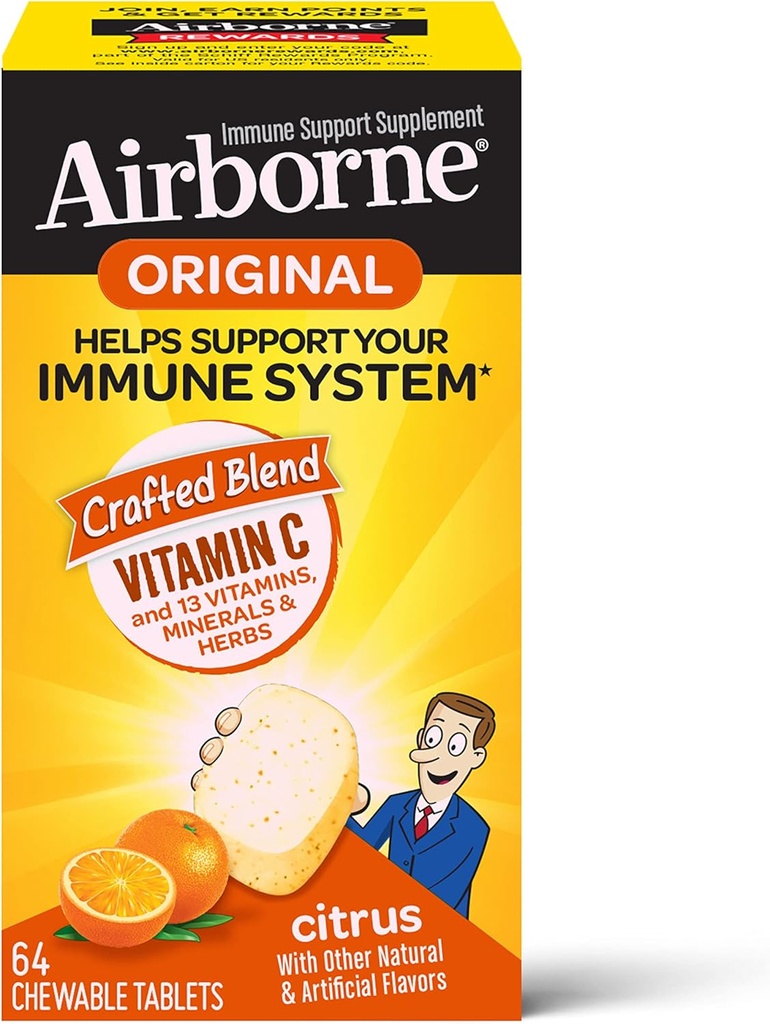 Airborne 1000 mg Vitamin C Chewable Tabletler, Immune Support Supplement With Powerful Antioksis A C & E - 64 Chewable Tabletler, Citrus Flavorable Tabletler,