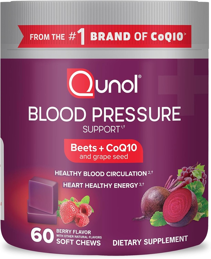 Qunol Beets Cheets for Blood Pressure Support, 3 in 1 Beets + CoQ10 + εκχύλισμα σπόρων σταφυλιών, Υποστηρίζει υγιή κυκλοφορία του αίματος & καρδιά υγιή ενέργεια, 60 μάσημα