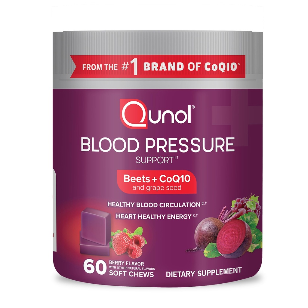 Qunol Beets Chews for Blood Pressure Support, 3 in 1 Beets + CoQ10 + Grape Tohumlama ve Kalp Sağlıklı Enerji, 60 Chews
