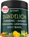 Dandelion Root Supplement 7500 mg 6in1 for Digestion, Heart Health & Immune - Ginger, Turmeric Curcumin, Ceylon Cinnamon, Lemon Balm & Holy Basil - 100 Dandelion Capsules