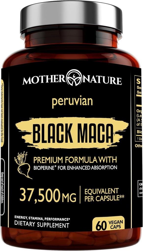 Black Maca Root 50:1 Extract 37,500 mg – 60 Capsules Organik Peruvian Maca Peruana Supplement for Men | High Potency Energy, Mood & Performance Support | Vegan, Non-GMOMO