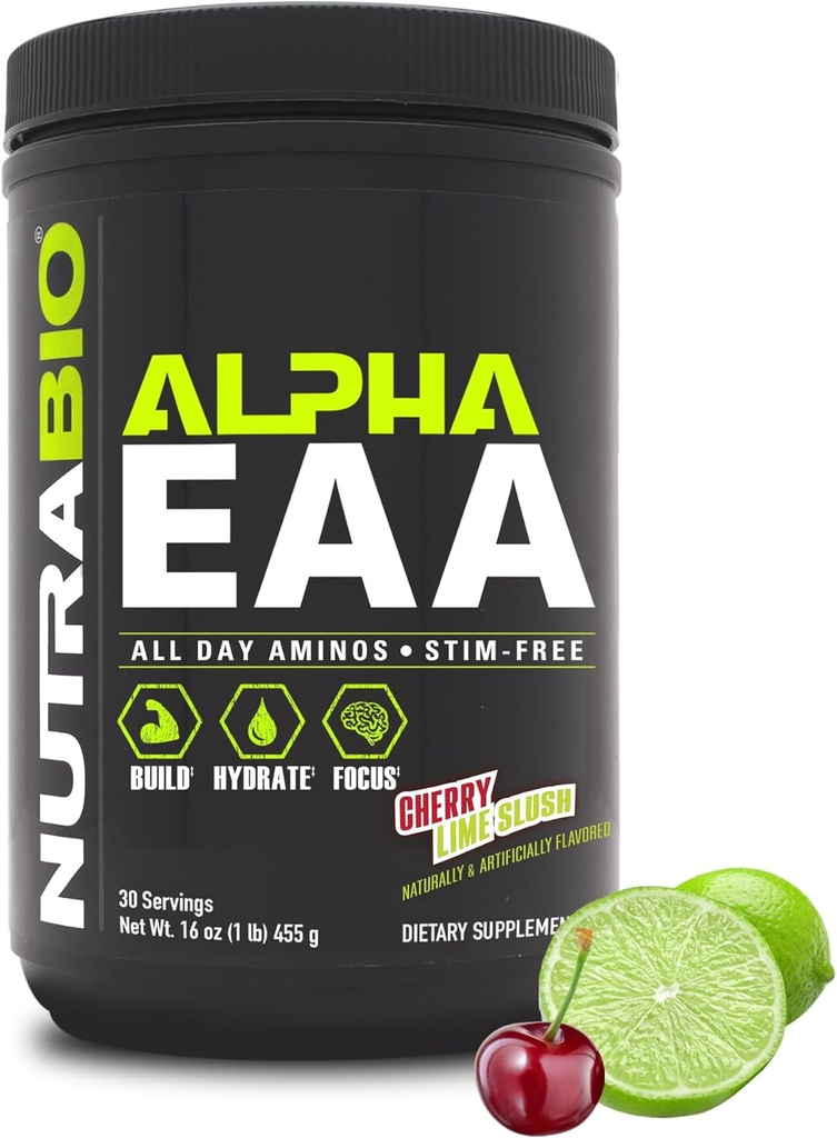 NutraBio Alpha EAA - All-Day replicas for Muscle growth and Hydration - Essential Amino Asits with Nootropics & Adaptogens- Full Spectrum EAA BCAA Toz - 30 Hizmet - Cherry Lime Slush