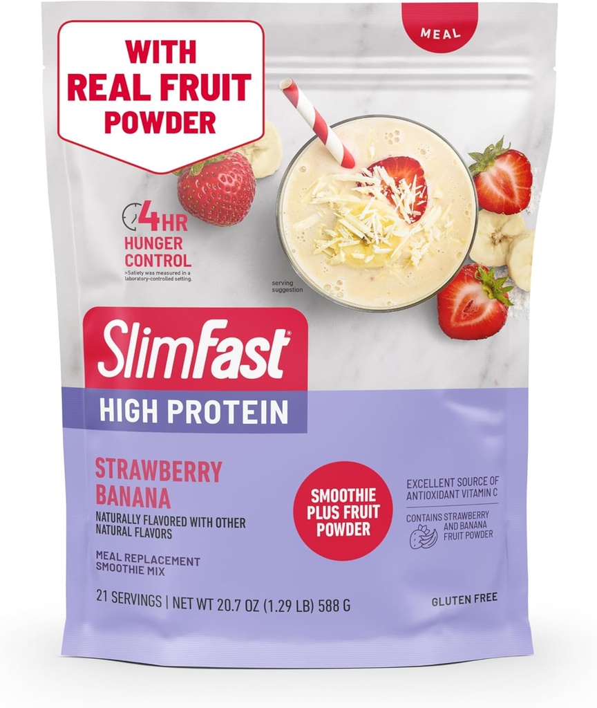 SlimFast υψηλής πρωτεΐνης Smoothie Mix Plus σκόνη φρούτων, υψηλής πρωτεΐνης αντικατάσταση γεύματος σκόνη, Ίνες, βιταμίνη C, 21 σερβιέτες, 1,29 λίρες, μπανάνα φράουλα (συσκευασία Μαΐου Vary)