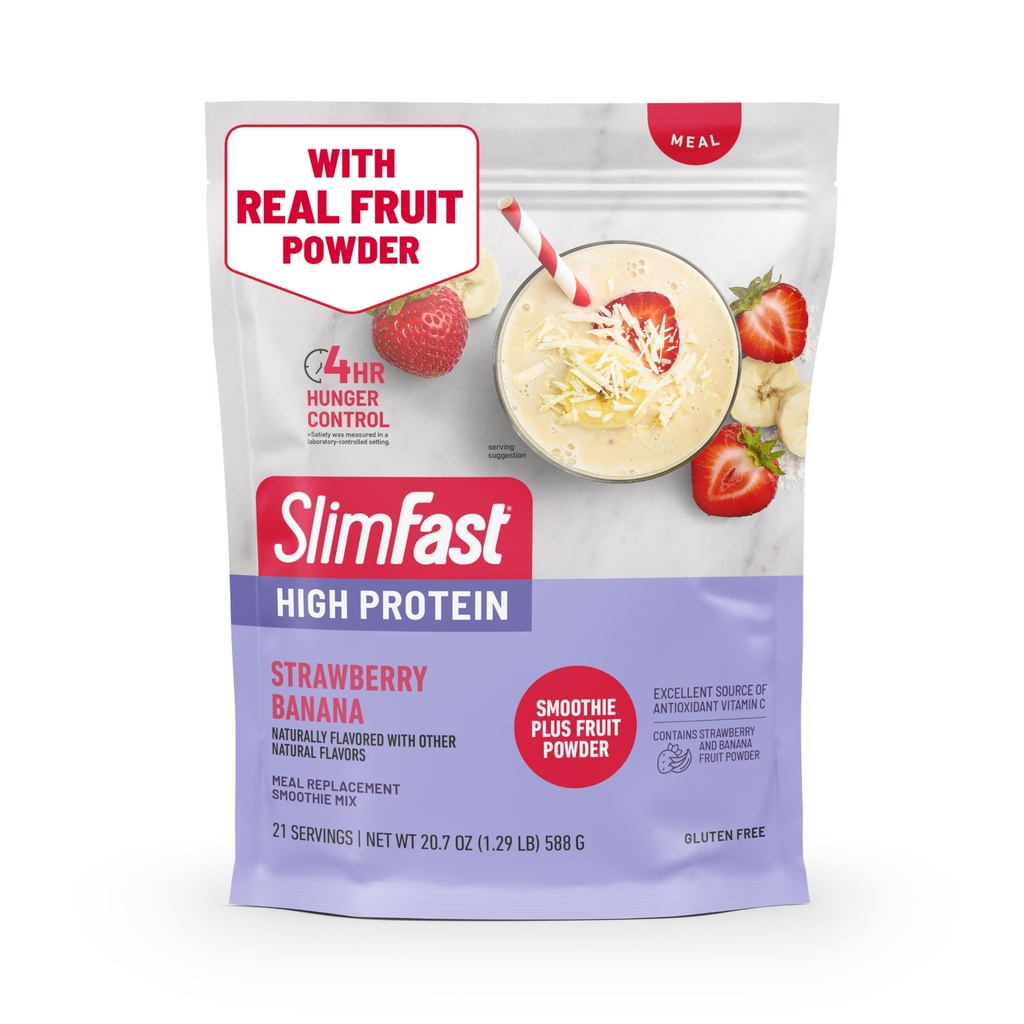 SlimFast High protein Smoothie Mix Plus Fruit Toz, Yüksek Protein Meal Yenileme Toz, Fiber, C vitamini, 21 Hizmet, 1.29 Pounds, Strawberry Banana (Pazar Mayıs Vary)
