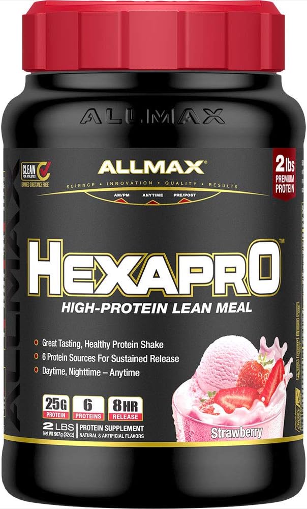 ALLMAX HEXAPRO, Φράουλα - 2 λίβρες - 25 γραμμάρια πρωτεΐνης ανά υπηρεσία - 8 ώρες διαρκής απελευθέρωση - Zero ζάχαρη - 21 εξυπηρετεί