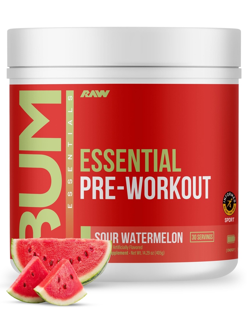 RAW Essential Pre-Workout Toz (Sour Watermelon) - Chris Bumstead Sports Nutrition Supplement for Men & Women - Preworkout Energy Toz with Caffeine, L-Citrulline, L-Tyrosine, & Beta Alanine