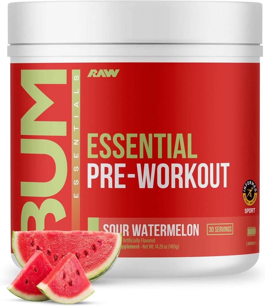 RAW Essential Pre-Workout Toz (Sour Watermelon) - Chris Bumstead Sports Nutrition Supplement for Men & Women - Preworkout Energy Toz with Caffeine, L-Citrulline, L-Tyrosine, & Beta Alanine