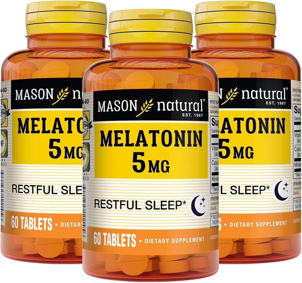 MASON NATURAL Melatonin 5 mg ile B6 ve Macau - Doğal Uyku Yardımı, Sağlıklı Uyku ve Dinlenme Desteği, 60 Tablet (Paket 3)