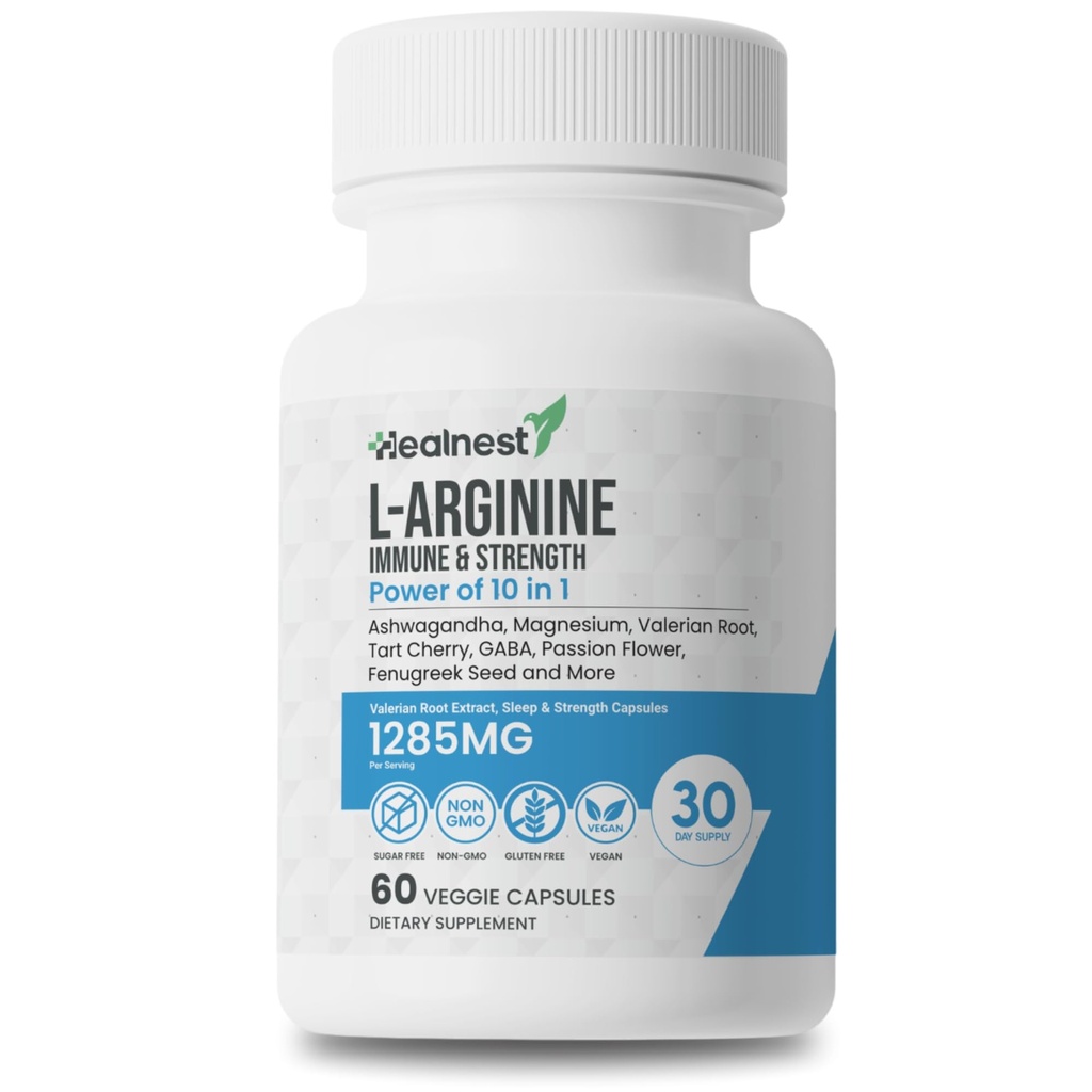 Καψάκια L-αργινίνης - 1285MG Μείγμα της Ashwagandha, L-Θεανίνη, Μαγνήσιο, GABA, ψευδάργυρος & ταρτ Cherry – Ανάκτηση μυών, ανακούφιση στρες, υποστήριξη Mood – Μη ΓΤΟ, 60 κάψουλες λαχανικών για άνδρες και γυναίκες