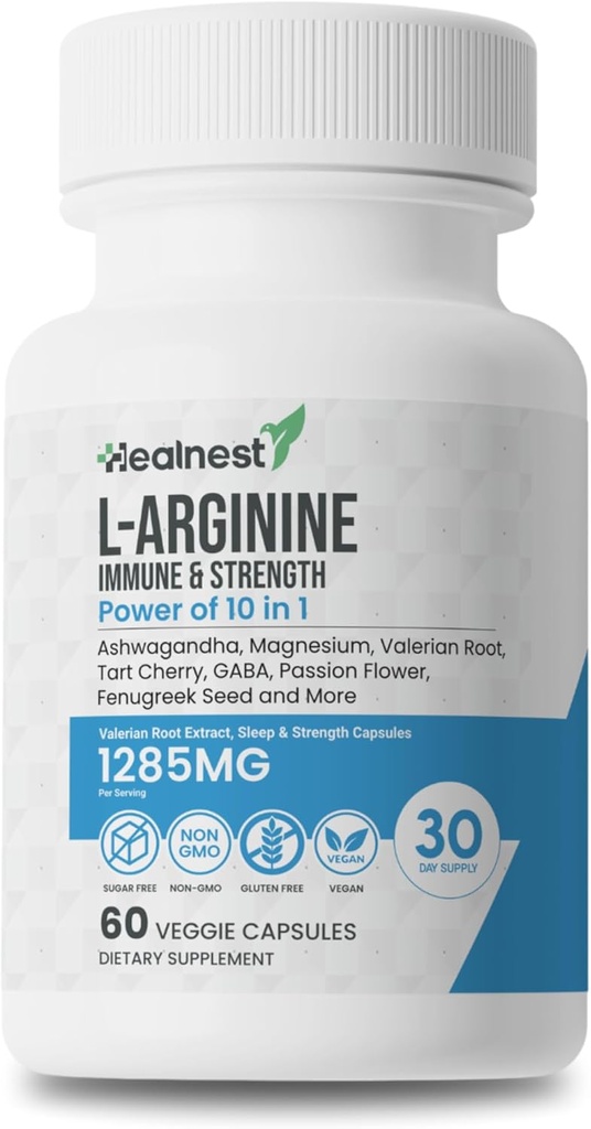 Καψάκια L-αργινίνης - 1285MG Μείγμα της Ashwagandha, L-Θεανίνη, Μαγνήσιο, GABA, ψευδάργυρος & ταρτ Cherry – Ανάκτηση μυών, ανακούφιση στρες, υποστήριξη Mood – Μη ΓΤΟ, 60 κάψουλες λαχανικών για άνδρες και γυναίκες