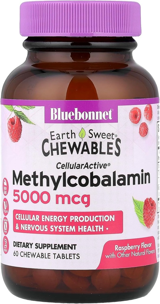 BlueBonnet Nutrition Earth Sweet® Chewables, CellularActive® Methylcobalamin, Raspberry, 5.000 mcg, 60 Chewable Tables