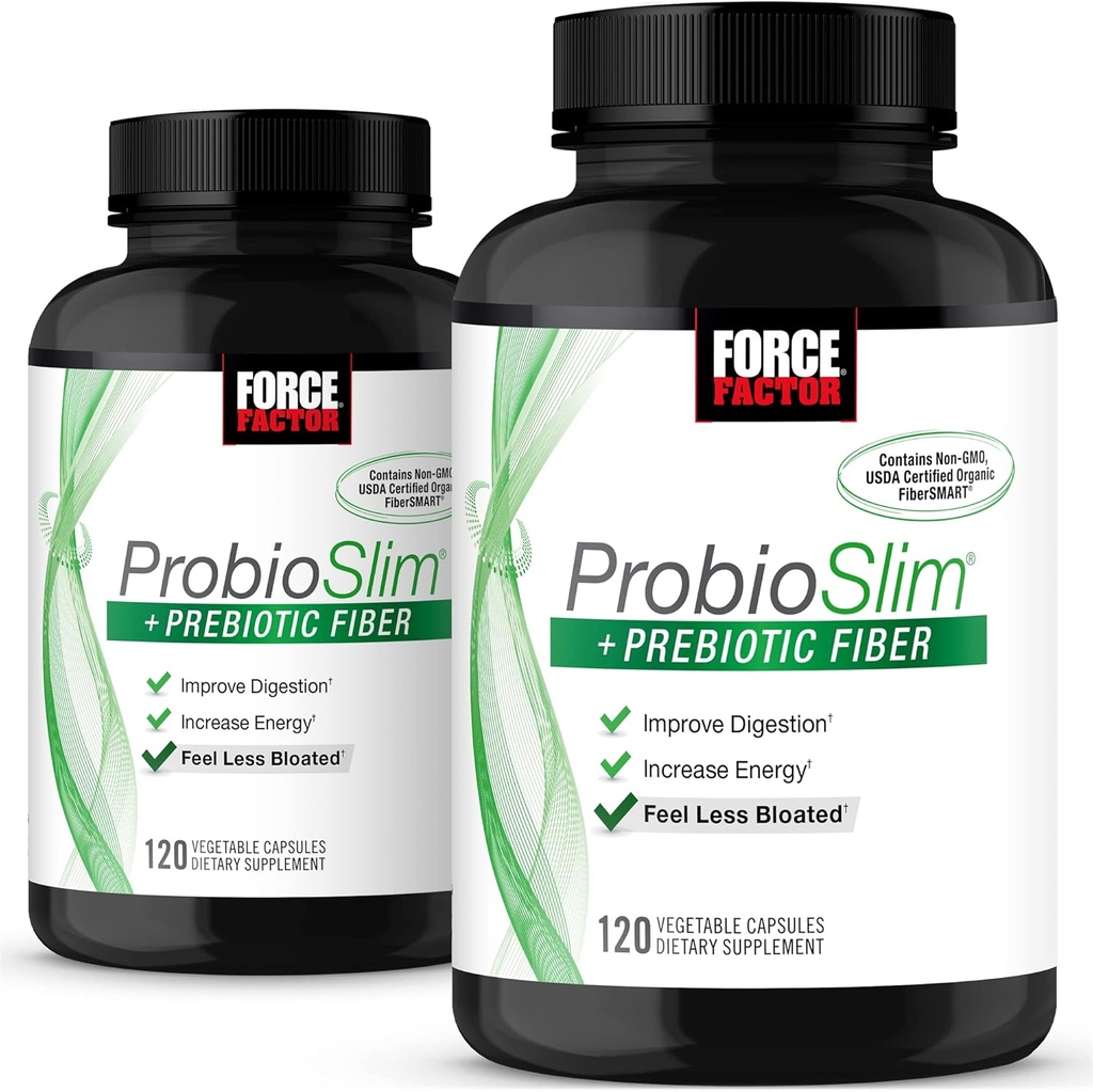 Force Factor ProbioSlim + Prebiotic Fiber, Μεταβολισμός Booster για γυναίκες & άνδρες, Digestive Health Support, Green Tea Extract και Psyllium Husk Fiber, 120 Count (Pack of 2)