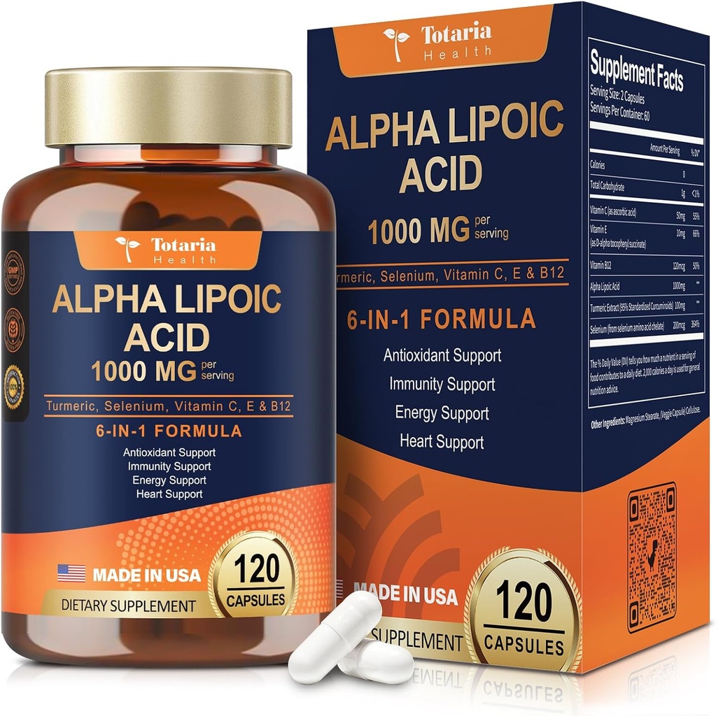 Totaria Alpha Lipoic Asit - Neuropati Desteği için 1000 mg ALA Supplement Capsules Anti-Aging ve Genel Sağlık