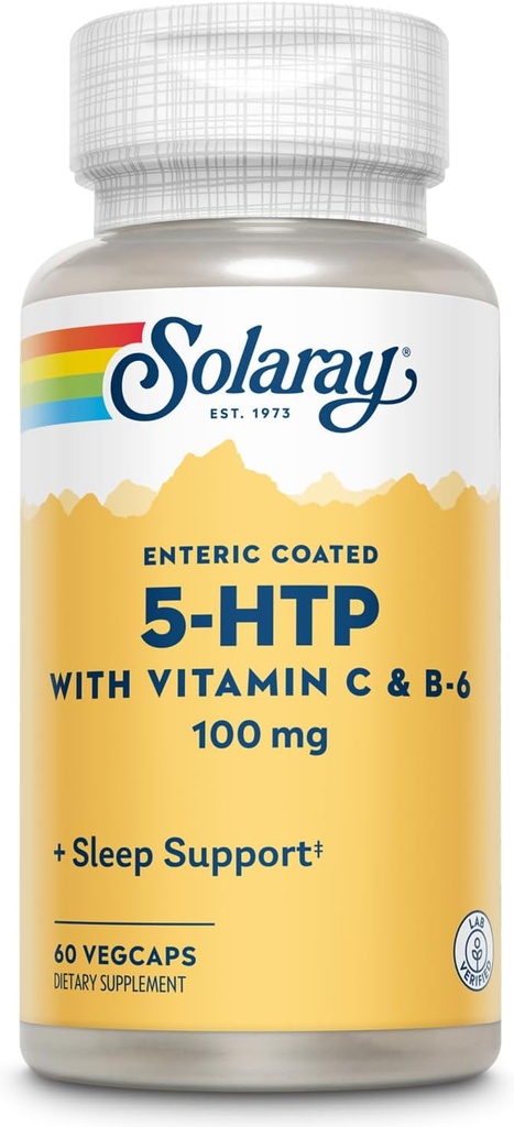 SOLARAY 5 HTP Supplement with Vitamin C & B-6 - Sleep Supplement and Serotonin Synthesis Support - Lab Onaylandı, 60 Günlük Para-Back - 60 Hizmet, 60 Odaklı Kaplama VegCaps