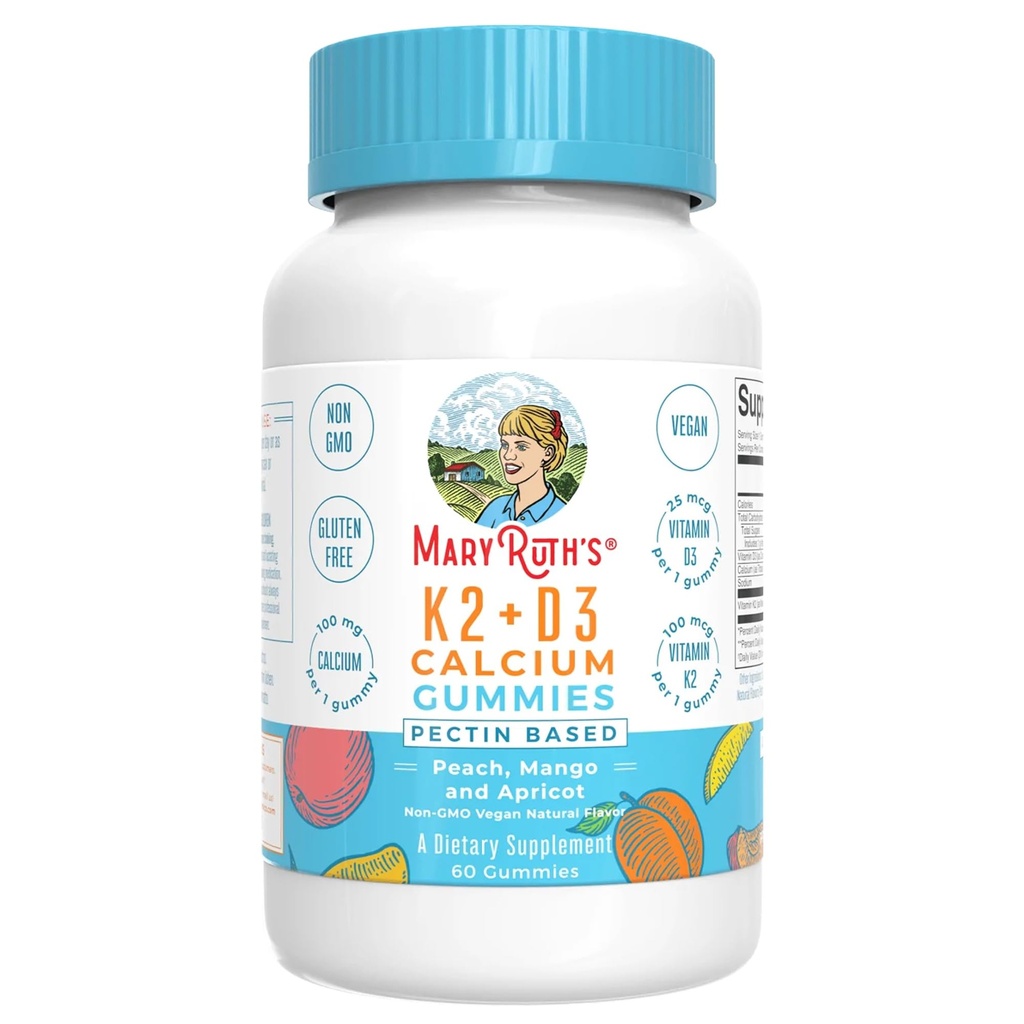 MaryRuth Organics Calcium with Vitamin D & Vitamin K2, 2μηνη προσφορά, συμπλήρωμα ασβεστίου υποστηρίζει την υγεία των οστών και κοινή υποστήριξη, με βιταμίνες D3 K2 Gummies, Vegan, μη-GMO, χωρίς γλουτένη, 60 Count