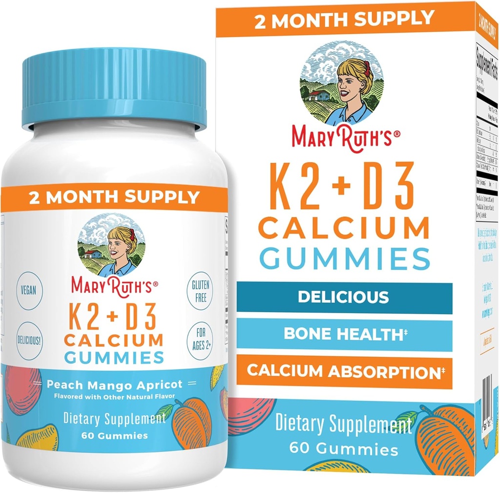 MaryRuth Organicsuba D & Vitamin K2, 2 Ay Supply, Kalsiyum Supplement Supports Bone Health & Ortak Destek, Vitaminler D3 K2 Gummies, Vegan, Non-GMO, Gluten Free, 60 Count