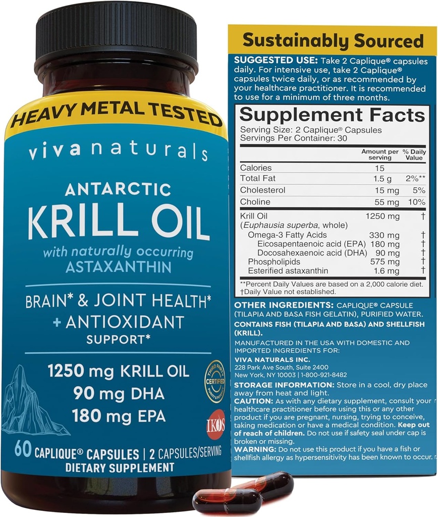 Viva Naturals Antarctic Krill Oil Omega 3 Supplements 1250 mg - DHA EPA Omega-3 & Astaxanthin Concentration for Joint Health, No Fish Burp - 60 Krill Oil Capsules