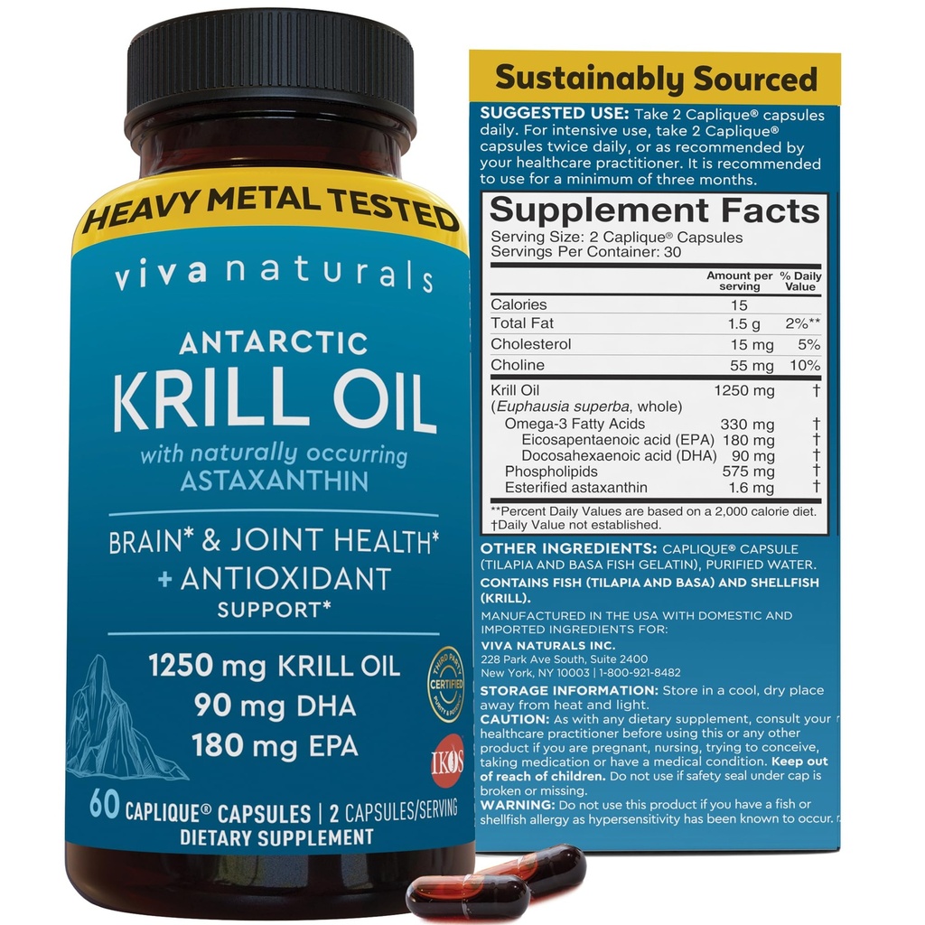 Viva Naturals Antarktika Krill Oil Omega 3 Supplements 1250 mg - DHA EPA Omega-3 & Astaxanthin Concentration for Joint Health, No Fish Burp - 60 Krill Oil Capsules