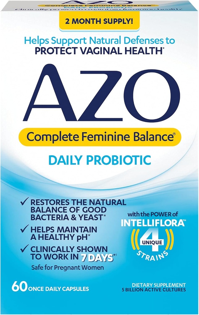 AZO Complete Feminine Balance Daily Probiotics for Women, Clinically Αποδεδειγμένα για να βοηθήσει στην προστασία της κολπικής υγείας, βοηθά στην ισορροπία pH και μαγιά, μη ΓΤΟ, 60 Count