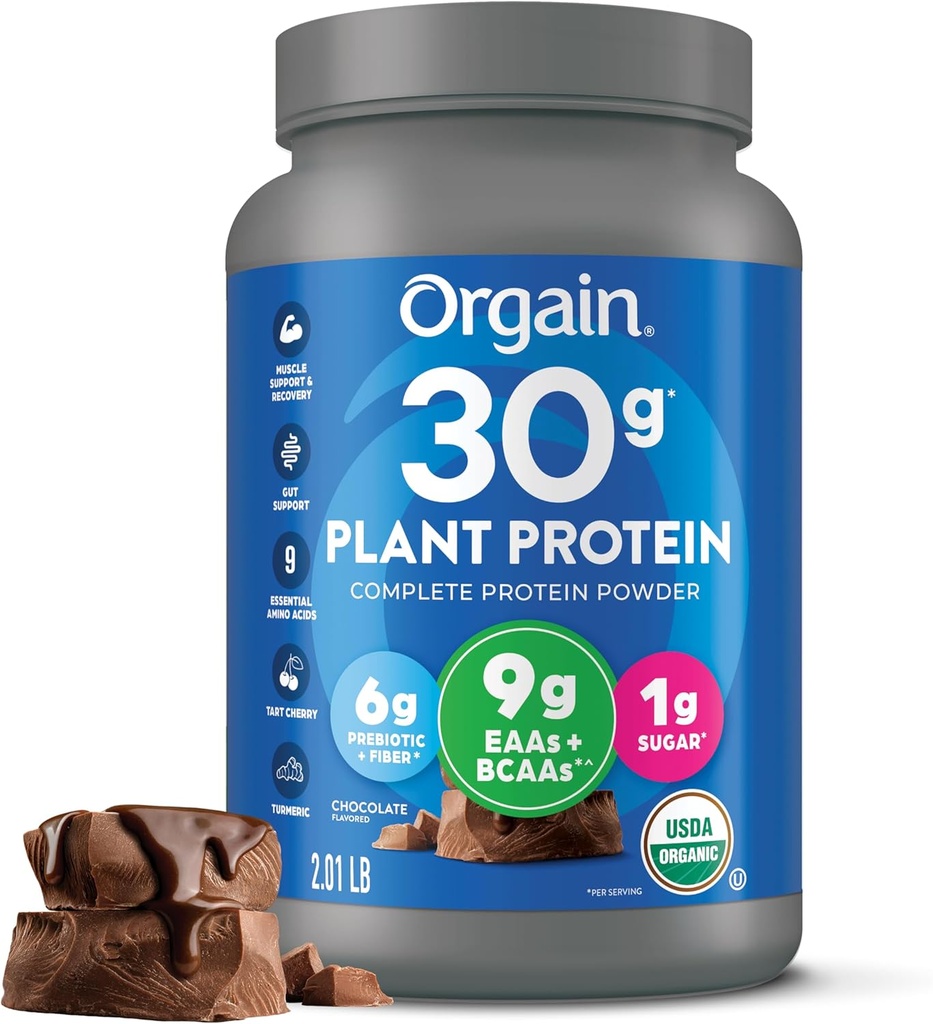 Orgain Organic 30g Vegan Protein Powder, Chocolate 9g EAAs + BCAAs, Plant Protein, 6g Prebiotic + Fiber, 1g Sugar, Pre-Workout, Muscle Support + Recovery - 2.01lb (Packaging May Vary)
