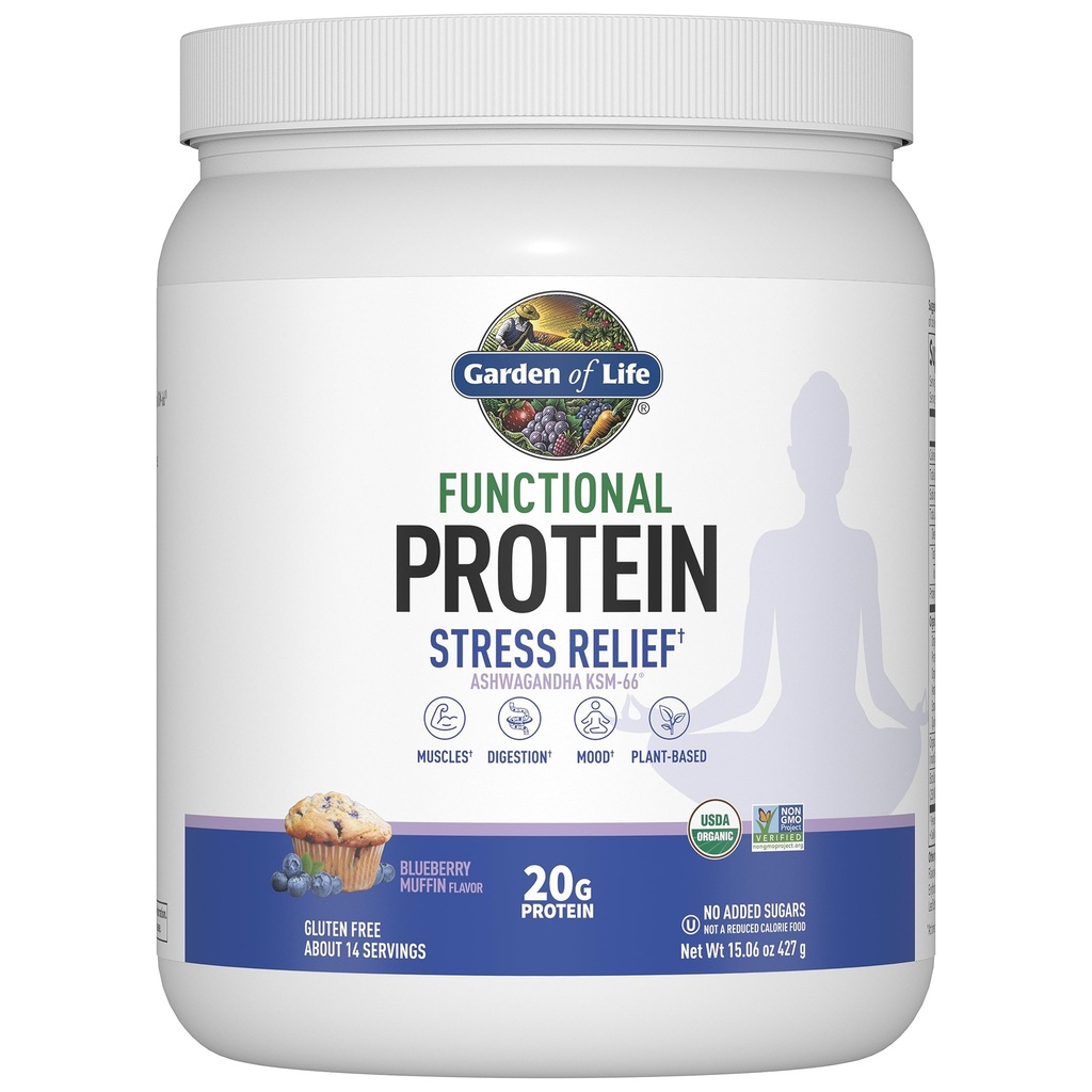 Yaşam Bahçesi - Fonksiyonel Protein Stresi - 20g Organik Sprod & Fermented Protein - Blueberry Muffin, Stres Yönetimi için Mood pla, Ashwagandha KSM-66, Vegan - Yaklaşık 14 Hizmet