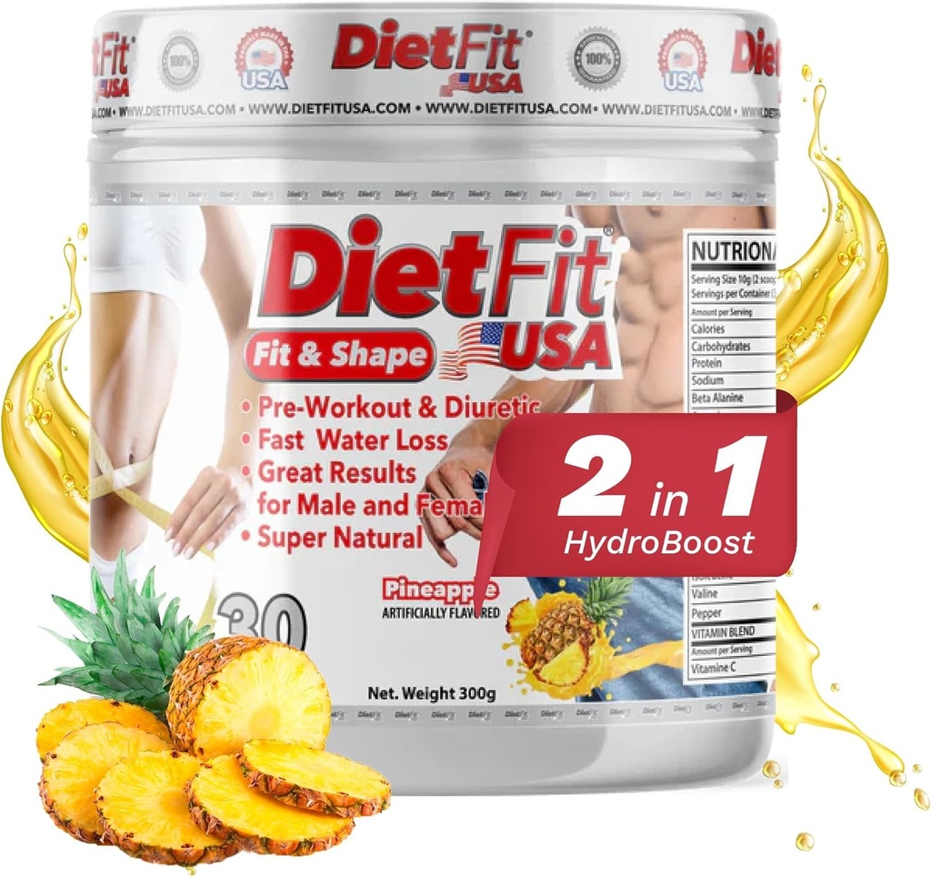 DIETFIT | Pre-Workout and Diuretic 300 Grams | Hydroboost 2in-1 | Pre-Workout & Diuretic | Intense Energy |app Pinele Flavor | 30 Hizmet | Fitness Supplements |