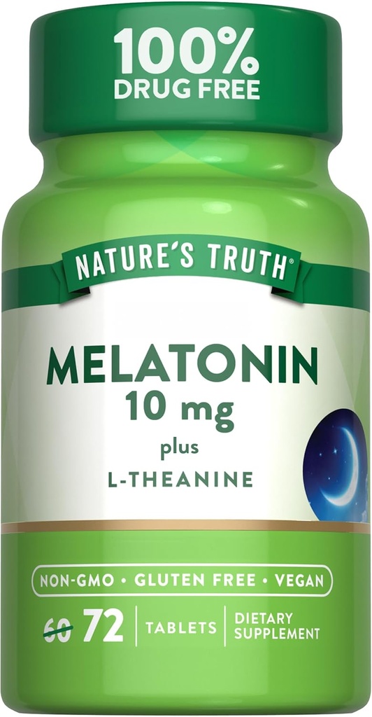 Nature's Truth Melatonin 10 mg + L-Theanine | 72 Tablet | Maksimum Güçlü | Vegan, Non-GMO ve Gluten Ücretsiz Supplement Supplement + L-Theanine | 72 Tablet | En Güçlü | Vegan, Non-GMO ve Gluten Free Supplement Supplement