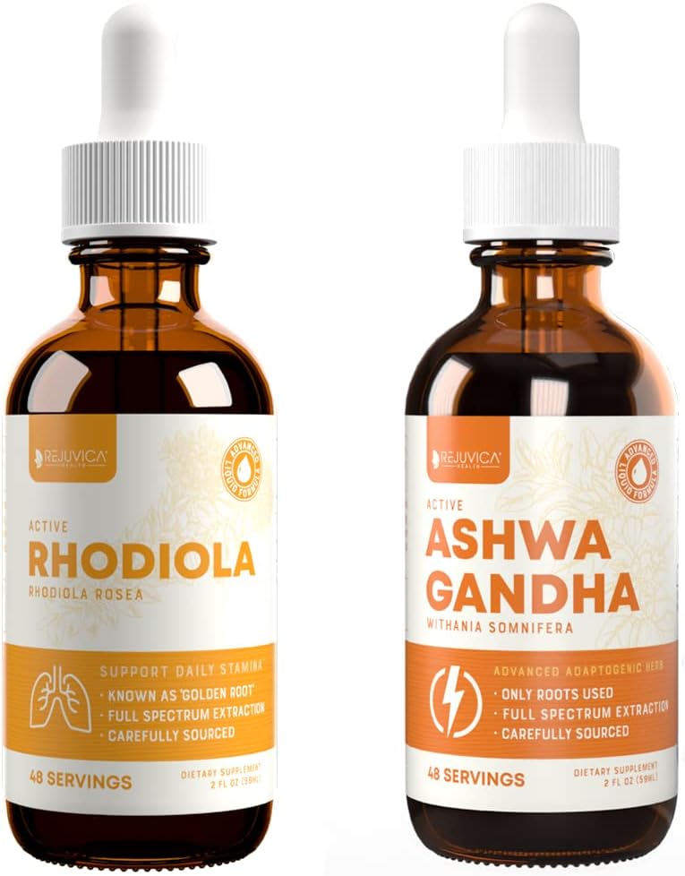 Rejuvica Health Active Rhodiola + Active Ashwagandha - Destek Enerji + Stres - Daha İyi Aborpsiyon için Sıvı Teslimat - Rhodiola Root & Ashwagandha Root