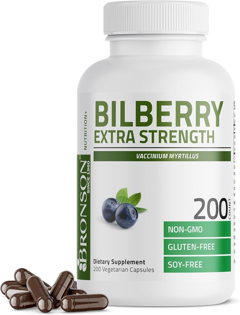 Bronson Bilberry Επιπλέον δύναμη Vaccinium Myrtillus, προωθεί την υγεία των ματιών και υποστηρίζει υγιή όραση - μη ΓΤΟ, 200 κάψουλες χορτοφάγων