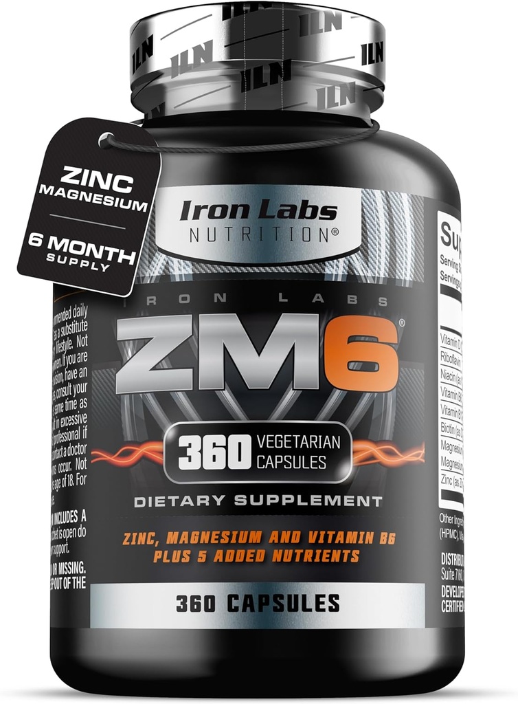 Iron Labs ZM6 – 6 Μήνες προσφοράς – Συμπλήρωμα ασπαρτικού μαγνησίου ψευδάργυρου – 360 κάψουλες χορτοφάγων – Συμπληρώματα μαγνησίου και ψευδαργύρου για άνδρες και γυναίκες