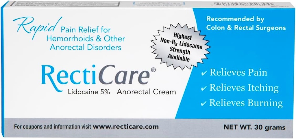 Recticare Ανορεκτική Λιδοκαΐνη 5% Κρέμα: Επίκαιρη Κρέμα Αριθμητικής Θεραπείας Αιμορροειδών & Άλλες Ανορεκτικές Διαταραχές - 30g Σωλήνας