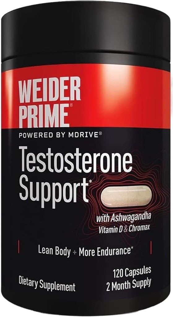 Weider Prime Testosterone Support - Ανδρική Διατροφή - Εμπλουτισμένη με Βιταμίνες & Ορυκτά - με Ashwagandha, Chromax Chromium, Bioperine & Zinc - Χωρίς Γλουτένη - 120 Κάψουλες