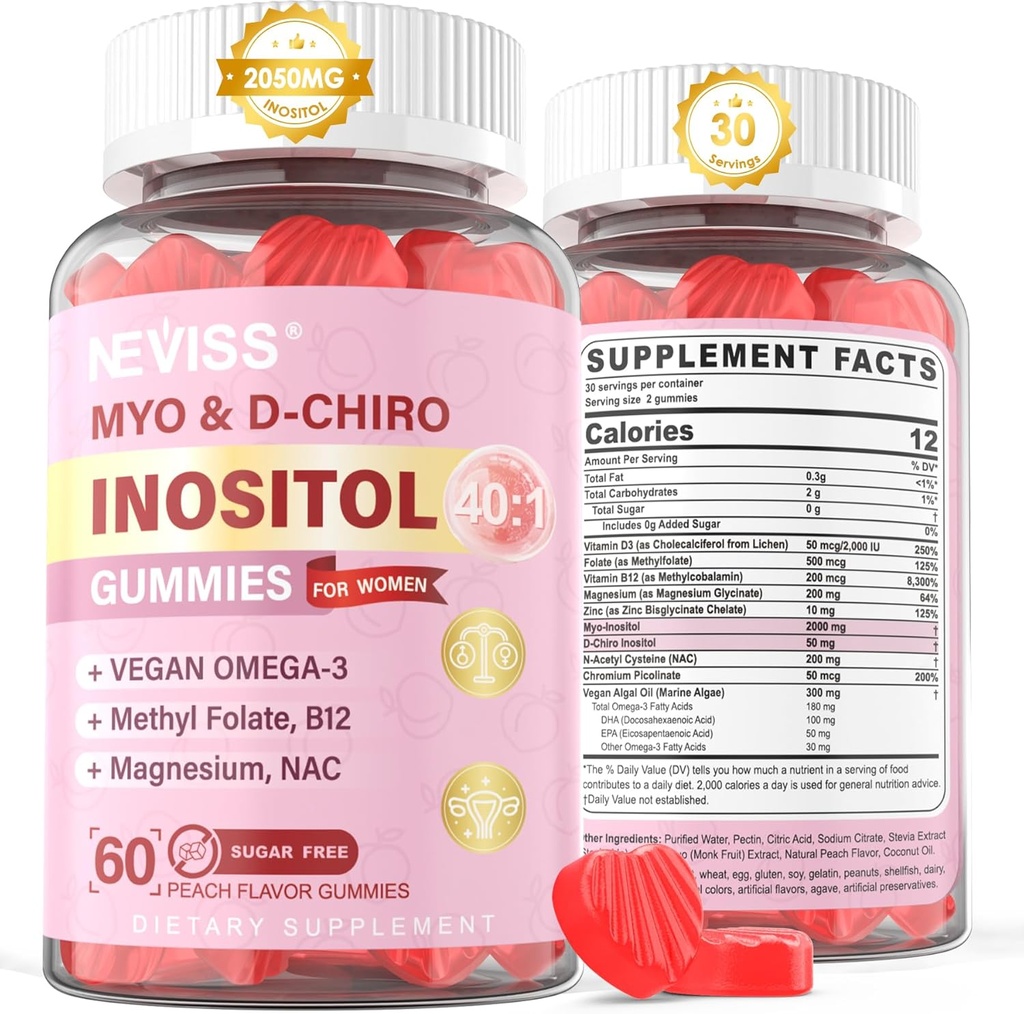 Myo-Inositol & D-Chiro Inositol Gummies Sugar Free, Ideal 40:1 Kadın için Inositol Supplement /Vegan Omega-3, D3, Magnezyum, Metil Folate, B12, Inositol Multivitamin for Women's General Health
