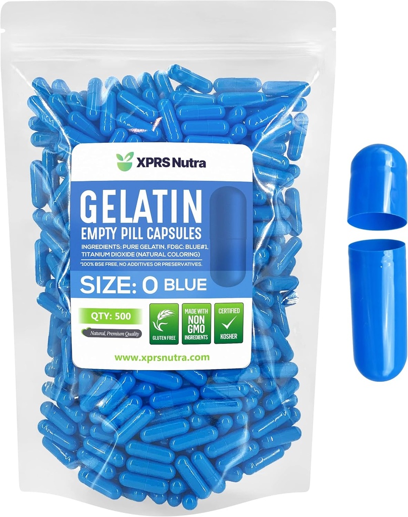 XPRS Nutra Boyutu 0 Boş Kapsüller - 500 Kont Boş Gelatin Capsules - Pills DIY Capsule - Pure Bovine Pill Gel Caps For Do-It- Yourself Supplements (Mavi)