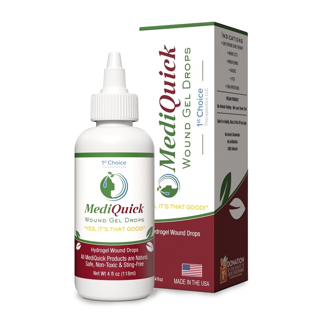 MediQuick Skin & Wound Care Hydrogel Drops - Γρήγορη επούλωση Πρώτες Βοήθειες με 12 ώρες Δράση για την επούλωση περικοπές, εγκαύματα, φλεγμονή, εξάνθημα, Itch, Eczema & More - Ασφαλής πλύση τραύματος με No-Sting - 4 Fl Oz