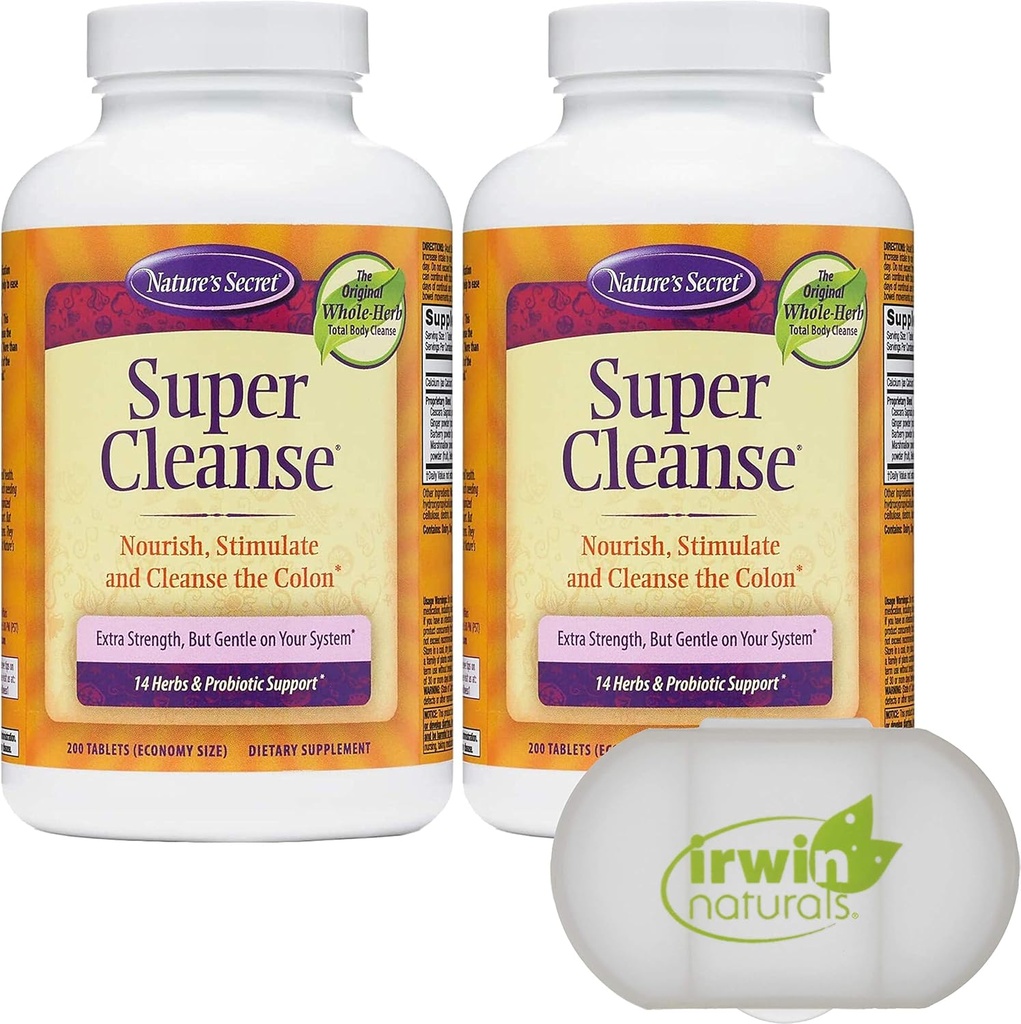 Nature's Secret Super Cleanse Extra Strength Toxin Detox & Gentle Elimination Total Body Cleanse, Digestive & Colon Health Support, 2 Packs of 200 Tablet, Pill Case