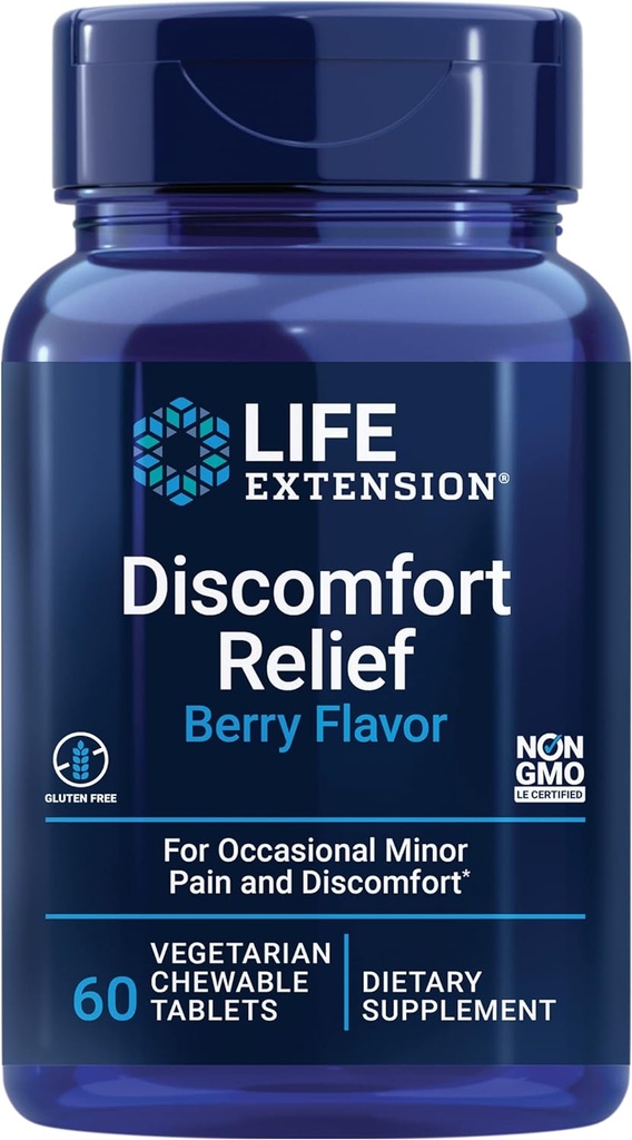 Life Extension Pea Discomfort Relief (Berry Flavor) for Occasional Minor Pain & Discomfort - Palmitoylolamid Supplement - Gluten-Free, Non-GMO, Vegetarian – 60 Chewable Tabletler
