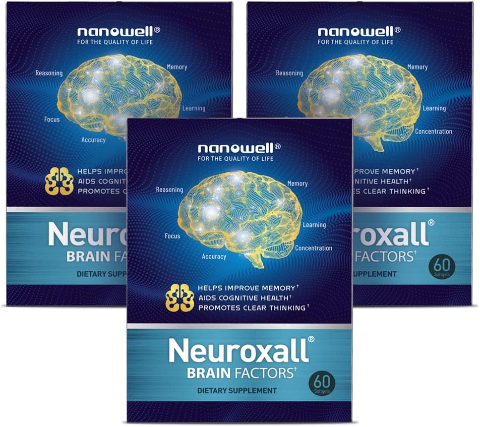 NANOWELL Nöroxall Brain Health Supplement for Advancedd Cognitive Function and mental Clarity, Astaxanthin, Ginkgo Biloba Extract, Antioksit - 60 Softgels X 3 Box for 3 Ay (180 Count)