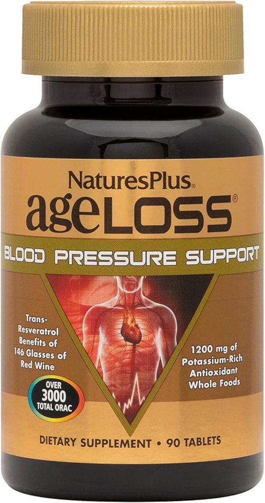 Natures Plus AgeLoss Υποστήριξη πίεσης αίματος - 90 δισκία - με Trans-Reεσβερατρόλη & 1200 mg ολόκληρων τροφίμων - χορτοφαγικά, χωρίς γλουτένη - 30 Σερβιέτες
