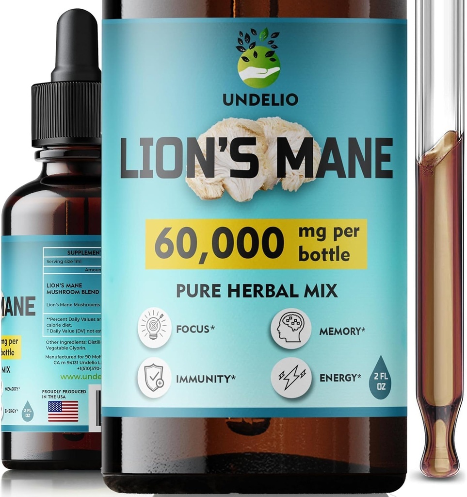 Lions Mane συμπλήρωμα - ημερήσιο συμπλήρωμα μανιταριών για μνήμη, εστίαση & σαφήνεια - Brain Booster - Lions Mane Βάμμα για φυσική ανοσοποιητική υποστήριξη - Vegan, Organic - 2 fl oz