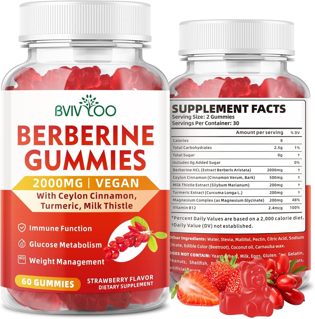Gummys berberine, Sugar Free 2000mg High Potency συμπλήρωμα HCI berberine, Plus Ceylon Κανέλα, Γαϊδουράγκαθο γάλακτος για γυναίκες & άνδρες, ανοσοποιητικό σύστημα & Μεταβολισμός Υποστήριξη - 60 Gummies