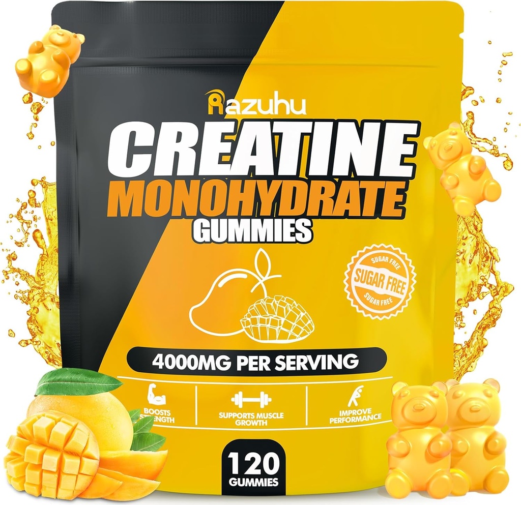 Γευστική κρεατίνη μονοϋδρική Gummies Ζάχαρη Δωρεάν, Προ προπόνηση Συμπληρώματα κρεατίνης Gummies για άνδρες & γυναίκες, Συμπληρώματα Gym, Υποστηρίζει μυϊκή ανάπτυξη, ανάκτηση, Strength, Energy Boost (120 Count)-Mango