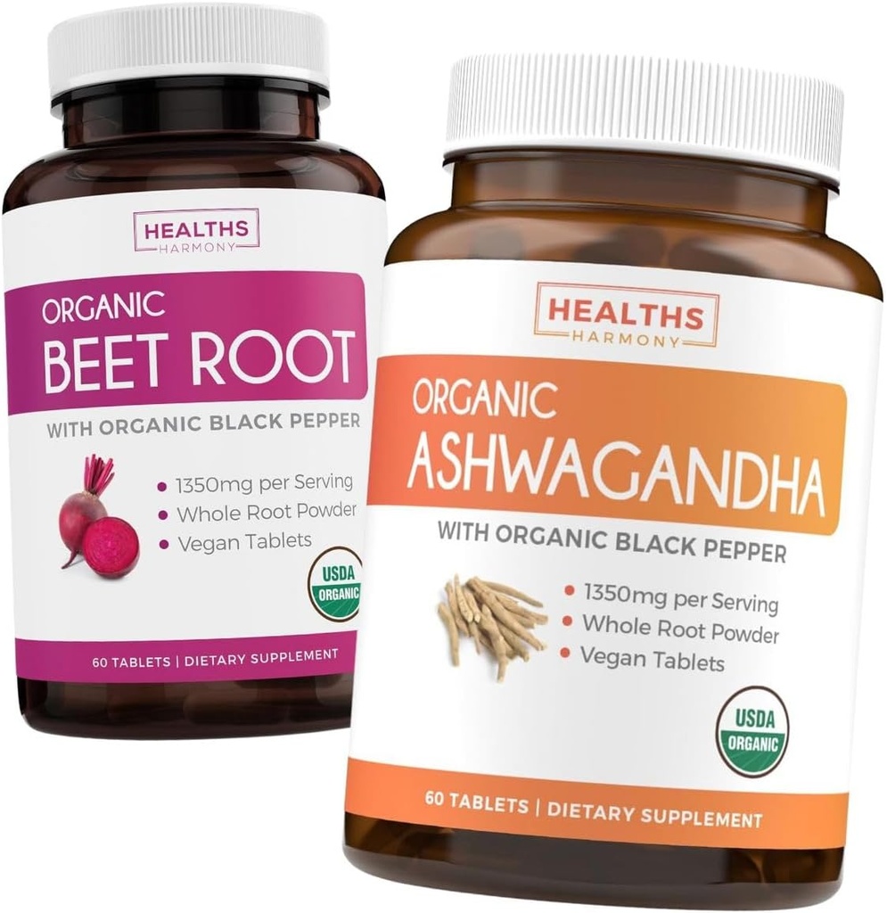 Beet Root & Ashwagandha (1-Month Supply) Vital Energy Assembly - Organik Arıt Kökü Kara Pepper için 1250 mg (60 Tablet) ve Black Pepper 1350 mg ile Organik Ashwagandha hizmet ediyor (60 Caps)
