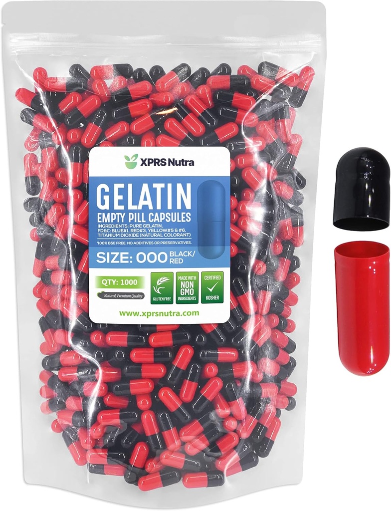 XPRS Nutra Boyutu 000 Boş Kapsüller - 1000 Büyük Boş Gelatin Capsules - DIY Supplement Capsule Filling için Pills - Do-It- Yourself Supplements (Red/Black)