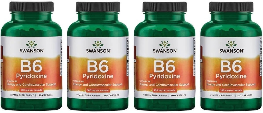 Swanson B6 Pyridoksie - Vitamin Supplement Cardiovascular Health & Energy Metabolism - Doğal Formula Genel Sağlık - (250 Capsules, 100 mg Her) (4 Pack)