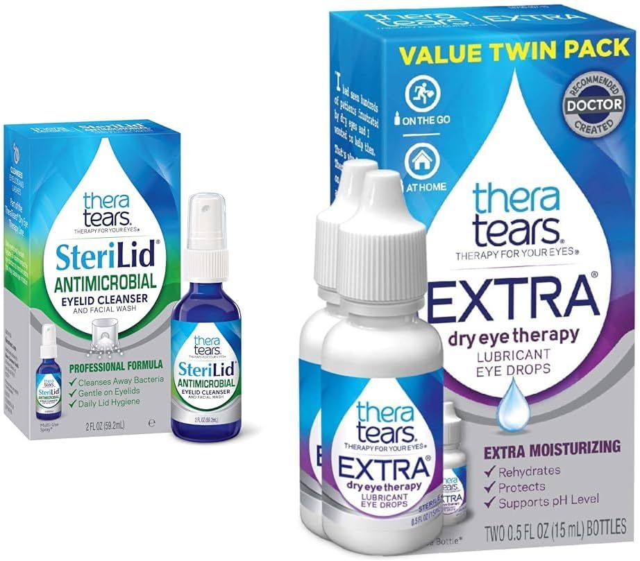 TheraTears Extra Dry Eye Therapy Lubricating Eye Drops for Dry Eyes, 0.5 fl oz Bottle, 2 Count & SteriLid Eyelid Cleanser and Face Wash, για ερεθισμένα μάτια, 2 fl oz Spray