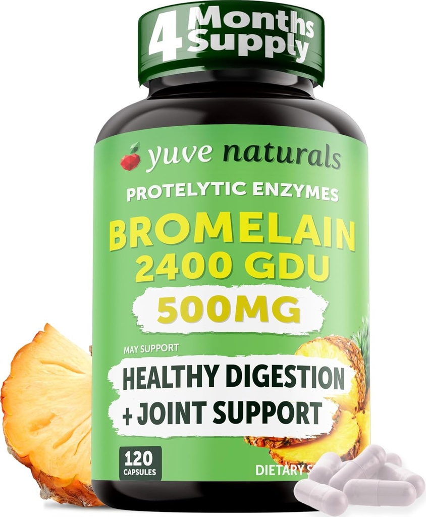 Yuve Υψηλής Ικανότητας Bromelain 500mg 2400GDU Digestive Enzymes - Gut & Joint Health from Pineapple - Helps Digesting Proteins - Plant-based, Non-GMO, 3rd Party Tested - 120 Caps