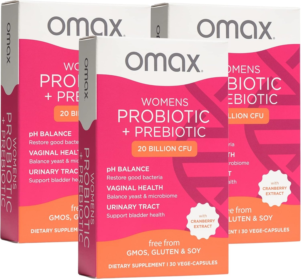 Omax3 Γυναικεία προβιοτική + προβιοτική, Cranberry & Chicory Root, 20 δισεκατομμύρια CFU, 6 κλινικά αποδεδειγμένα στελέχη, Κολπικό pH, UTI, Bloating, (Packaging May Vary) 