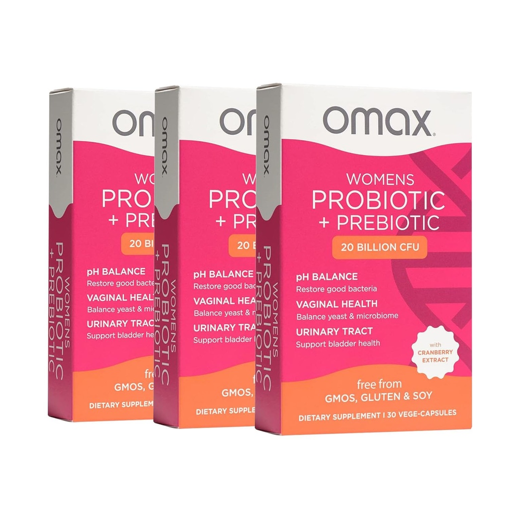 Omax3 Γυναικεία προβιοτική + προβιοτική, Cranberry & Chicory Root, 20 δισεκατομμύρια CFU, 6 κλινικά αποδεδειγμένα στελέχη, Κολπικό pH, UTI, Bloating, (Packaging May Vary) 