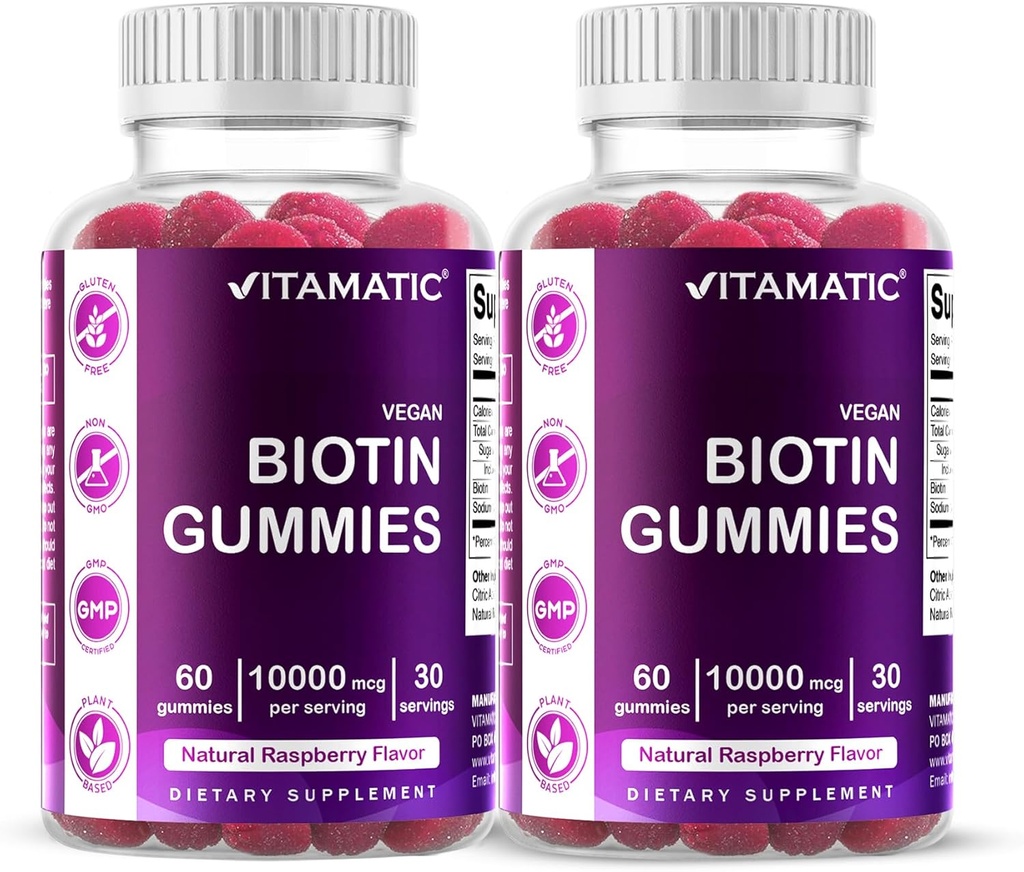Vitamatic Biotin Gummies 10.000 mcg για ισχυρότερα μαλλιά, δέρμα & νύχια - 60 Vegan Gummies - Επίσης ονομάζεται βιταμίνη B7 (2 μπουκάλια)